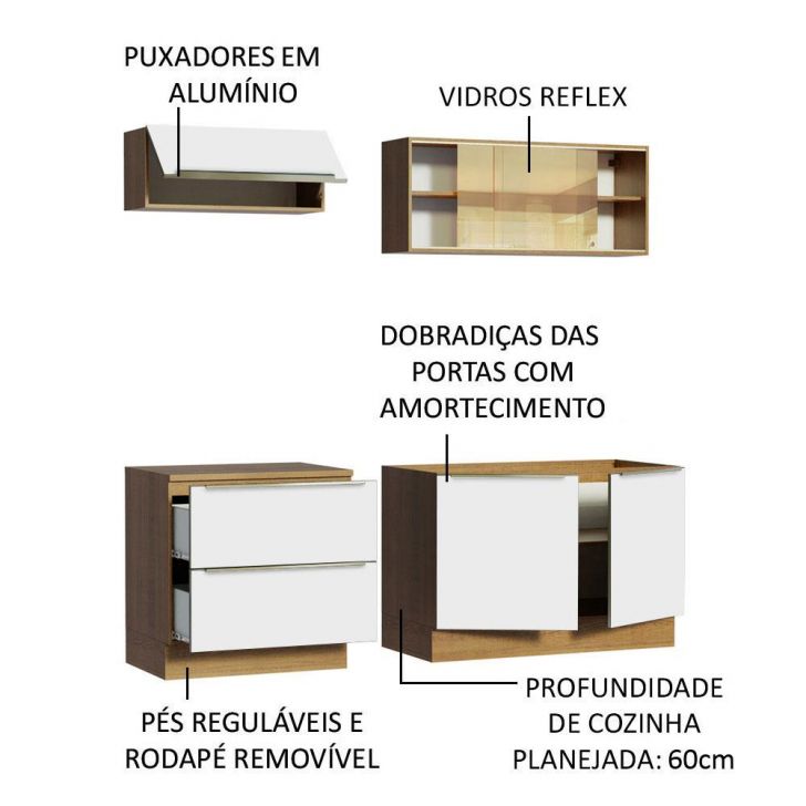 Armário de Cozinha Compacta 200cm Branco/Cinza Lux Madesa 01