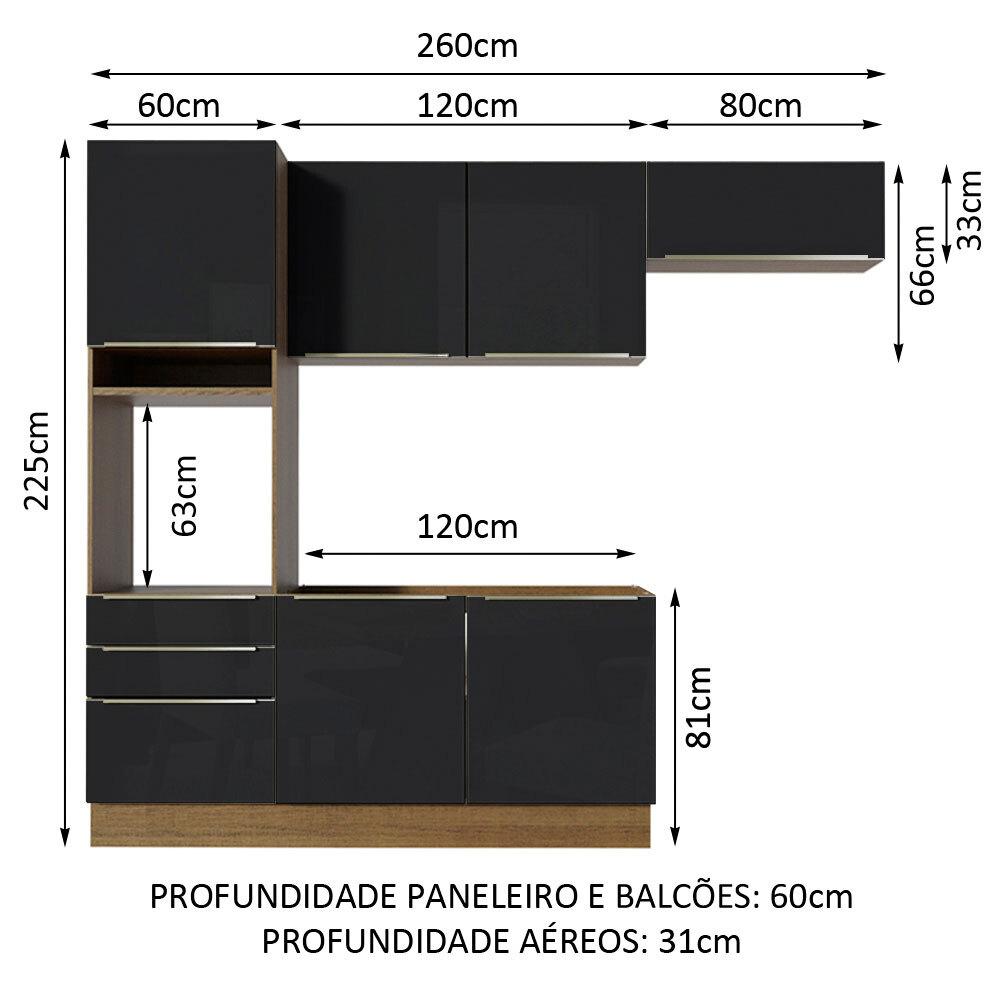 Cozinha Completa Madesa Lux com Armário e Balcão 6 Portas 3 Gavetas - Rustic/Preto