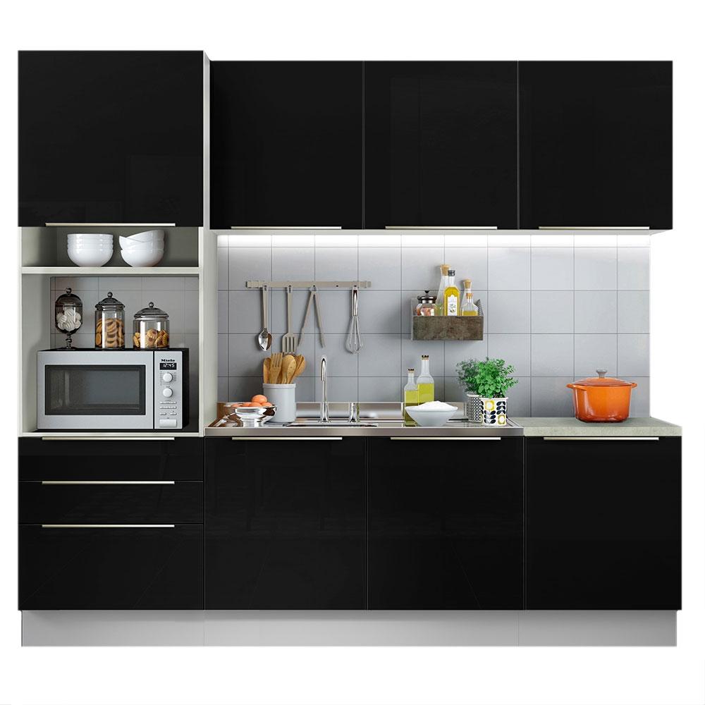 Cozinha Completa Madesa Lux com Armário e Balcão 7 Portas 3 Gavetas - Branco/Preto
