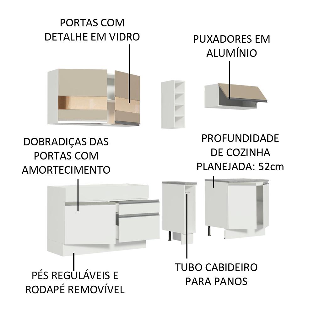 Cozinha Completa Madesa Parma com Armário e Balcão (Sem Tampo e Pia) - Branco/Branco/Crema