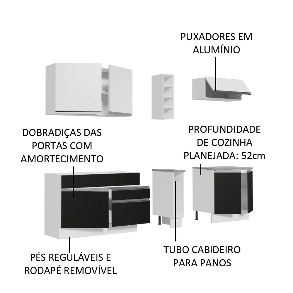 Cozinha Completa Madesa Parma com Armário e Balcão (Sem Tampo e Pia) - Branco/Preto/Branco
