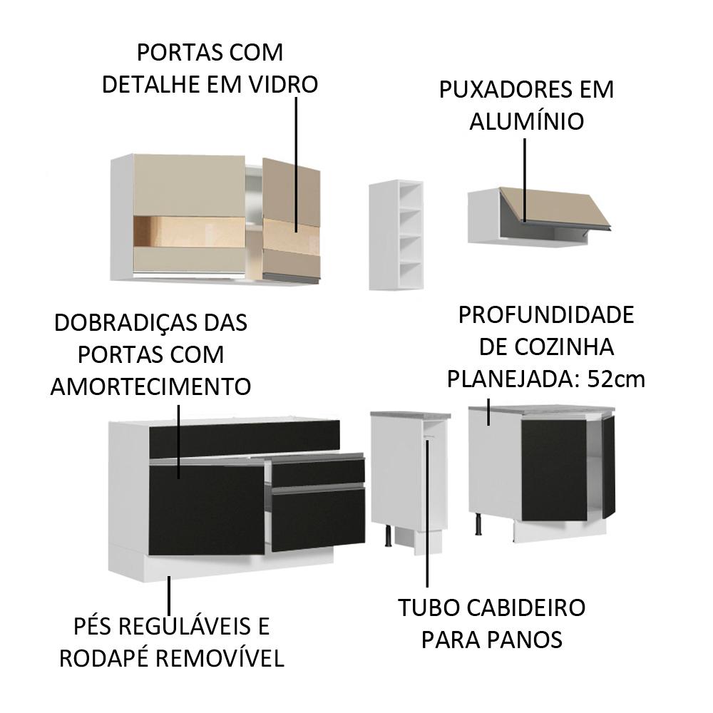 Cozinha Completa Madesa Parma com Armário e Balcão (Sem Tampo e Pia) - Branco/Preto/Crema