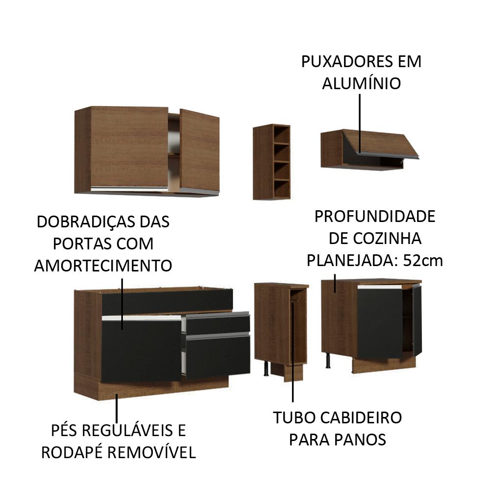 Cozinha Completa Madesa Parma com Armário e Balcão (Sem Tampo e Pia) - Rustic/Preto/Rustic