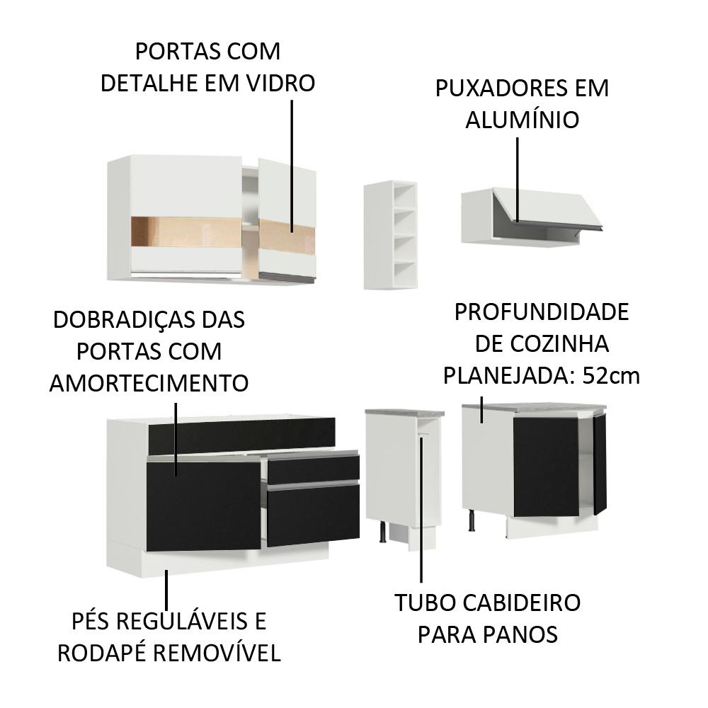 Cozinha Completa Madesa Parma com Armário e Balcão (Sem tampo e Pia) - Branco/Preto/Branco