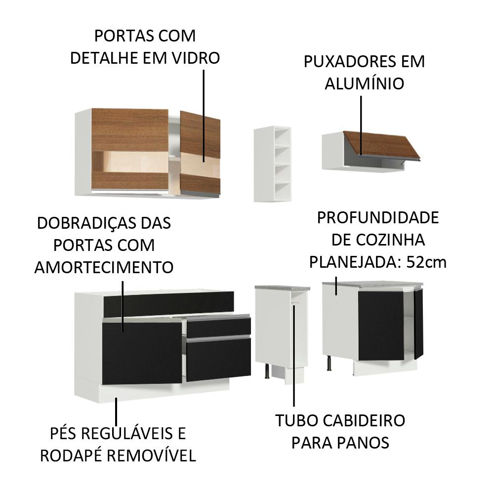 Cozinha Completa Madesa Parma com Armário e Balcão (Sem tampo e Pia) - Branco/Preto/Rustic