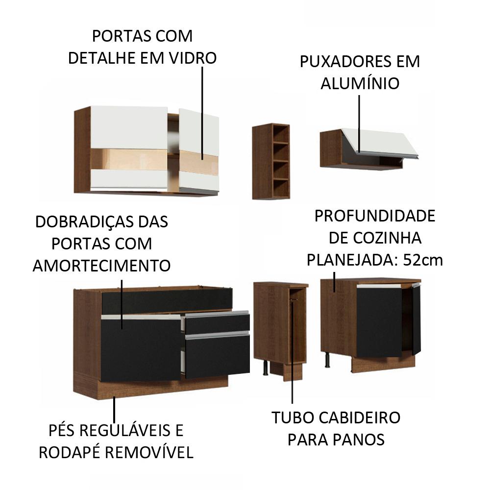 Cozinha Completa Madesa Parma com Armário e Balcão (Sem tampo e Pia) - Rustic/Preto/Branco