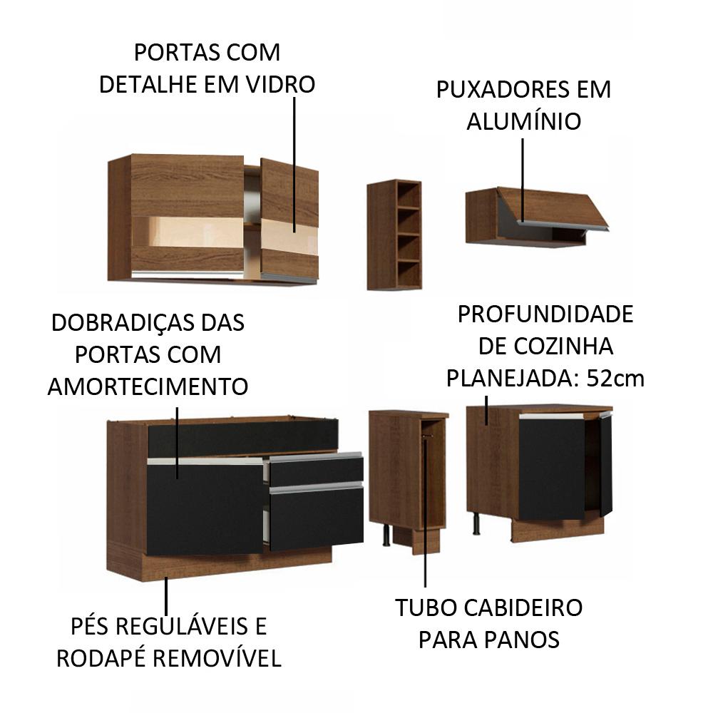 Cozinha Completa Madesa Parma com Armário e Balcão (Sem tampo e Pia) - Rustic/Preto/Rustic