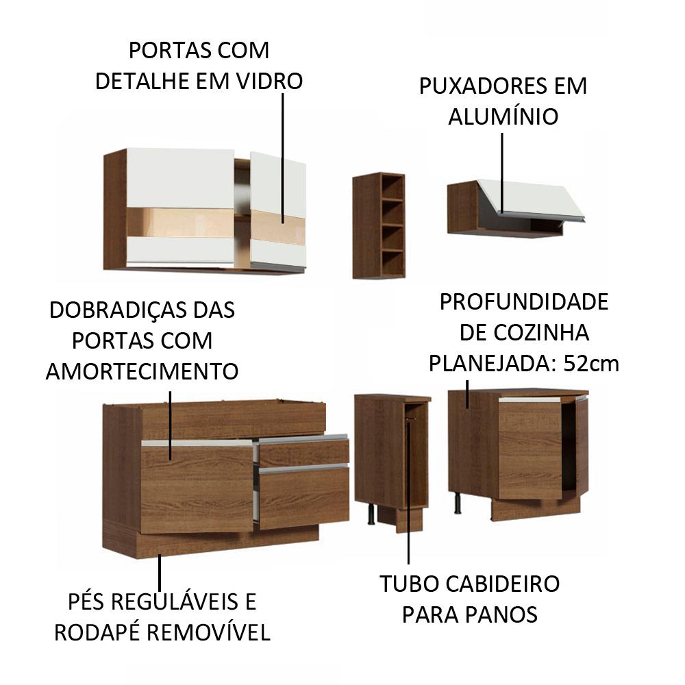 Cozinha Completa Madesa Parma com Armário e Balcão (Sem tampo e Pia) - Rustic/Rustic/Branco