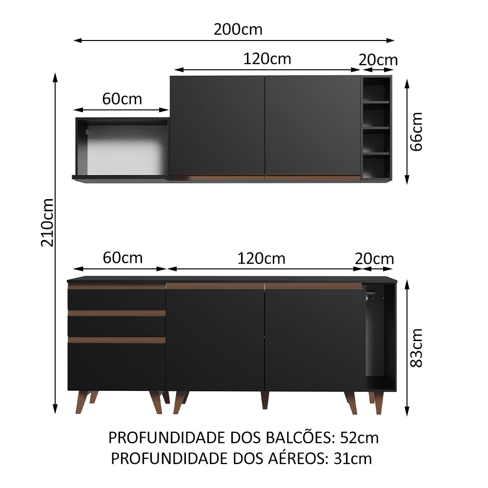 Cozinha Completa Madesa Reims 200001 com Armário e Balcão - Preto