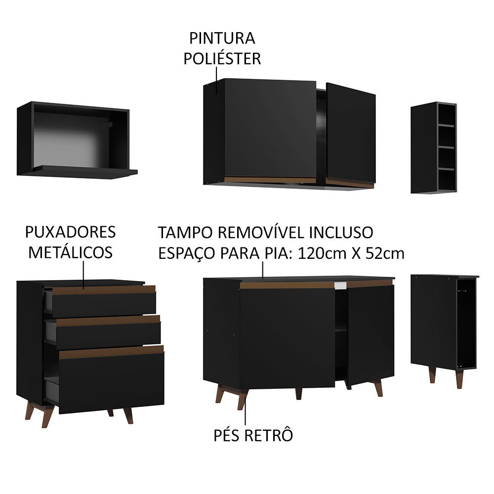 Cozinha Completa Madesa Reims 200001 com Armário e Balcão - Preto