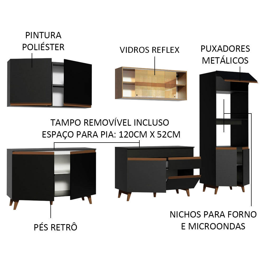 Cozinha Completa Madesa Reims 310001 com Armário e Balcão - Preto/Rustic