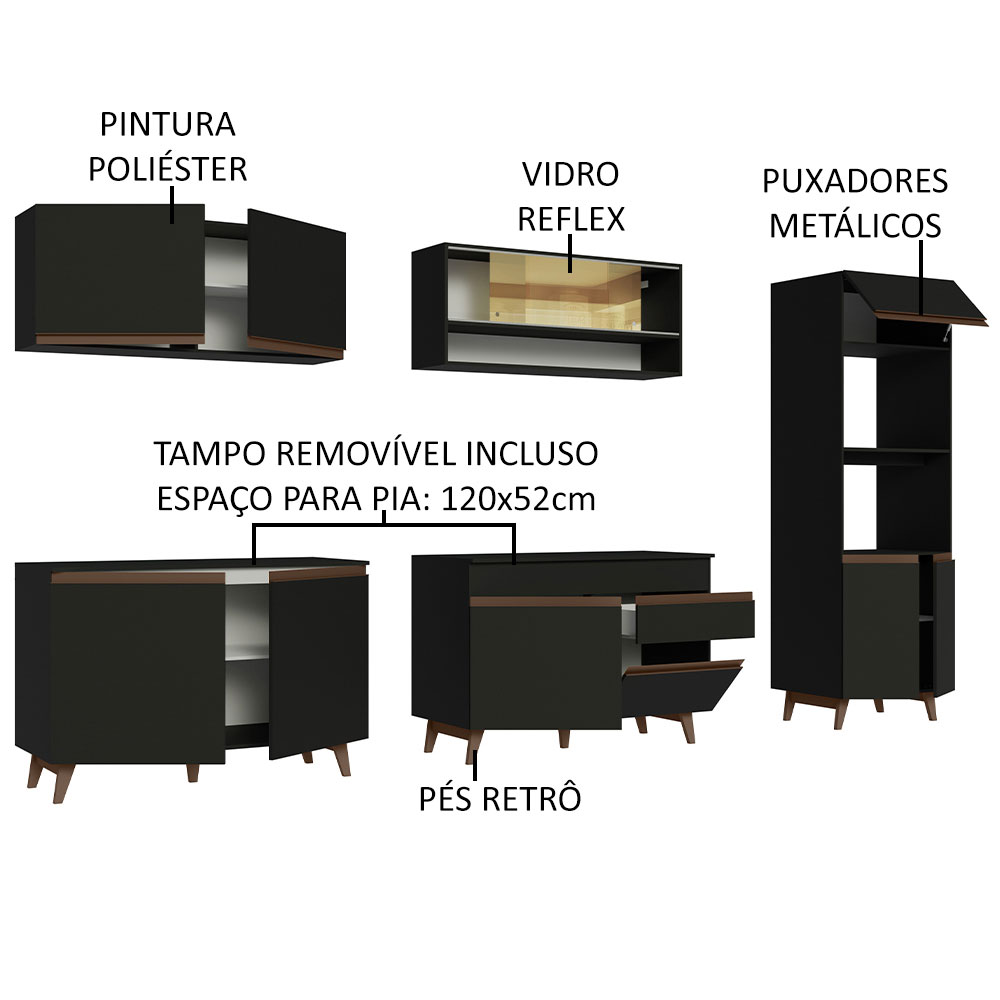 Cozinha Completa Madesa Reims 310002 com Armário e Balcão - Preto