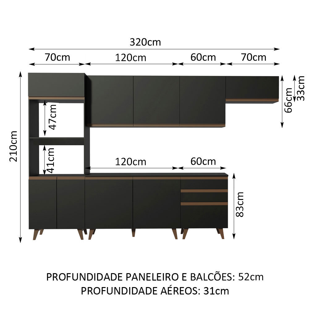 Cozinha Completa Madesa Reims 320001 com Armário e Balcão - Preto