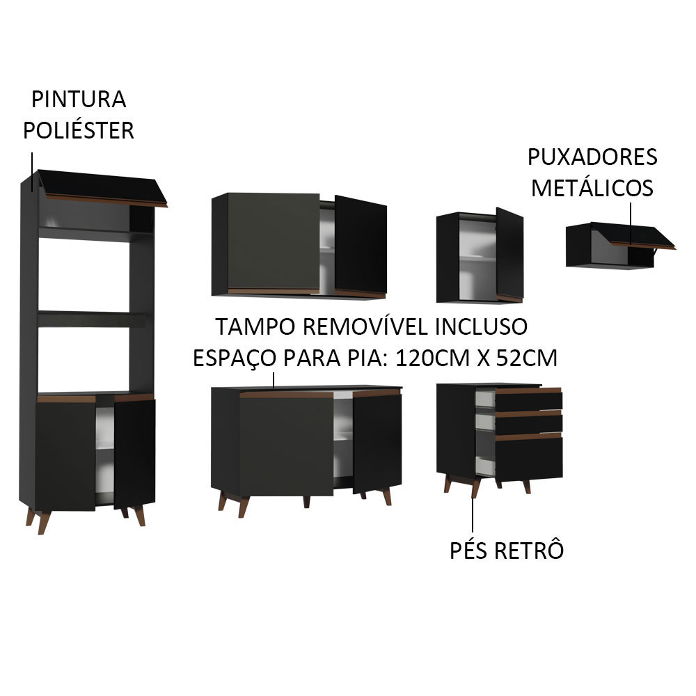 Cozinha Completa Madesa Reims 320001 com Armário e Balcão - Preto