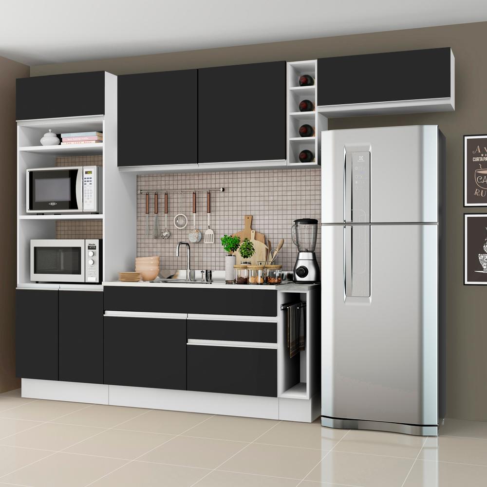 Cozinha Completa Madesa Safira com Armário e Balcão (Sem Tampo e Pia) - Branco/Preto