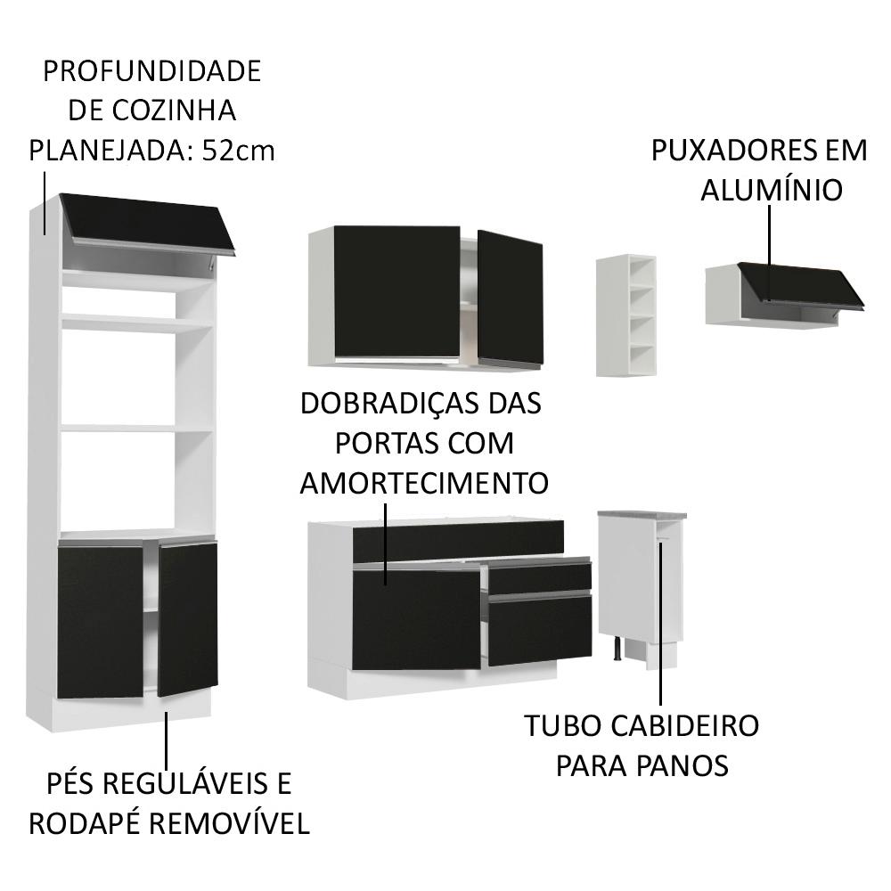 Cozinha Completa Madesa Safira com Armário e Balcão (Sem Tampo e Pia) - Branco/Preto