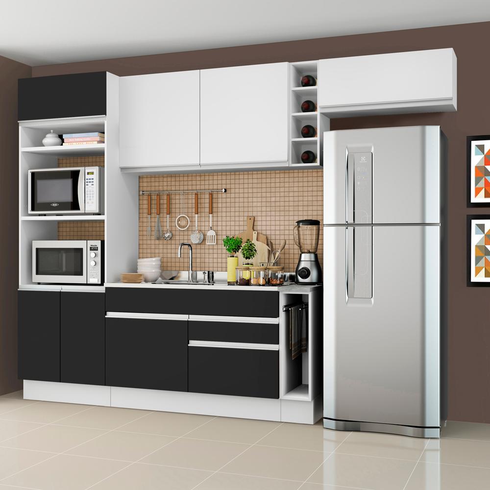 Cozinha Completa Madesa Safira com Armário e Balcão (Sem Tampo e Pia) - Branco/Preto/Branco