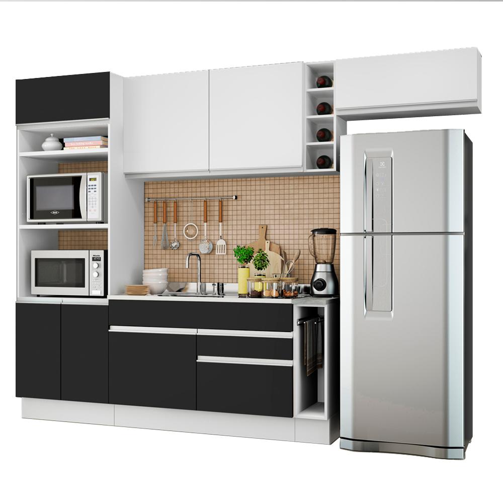 Cozinha Completa Madesa Safira com Armário e Balcão (Sem Tampo e Pia) - Branco/Preto/Branco