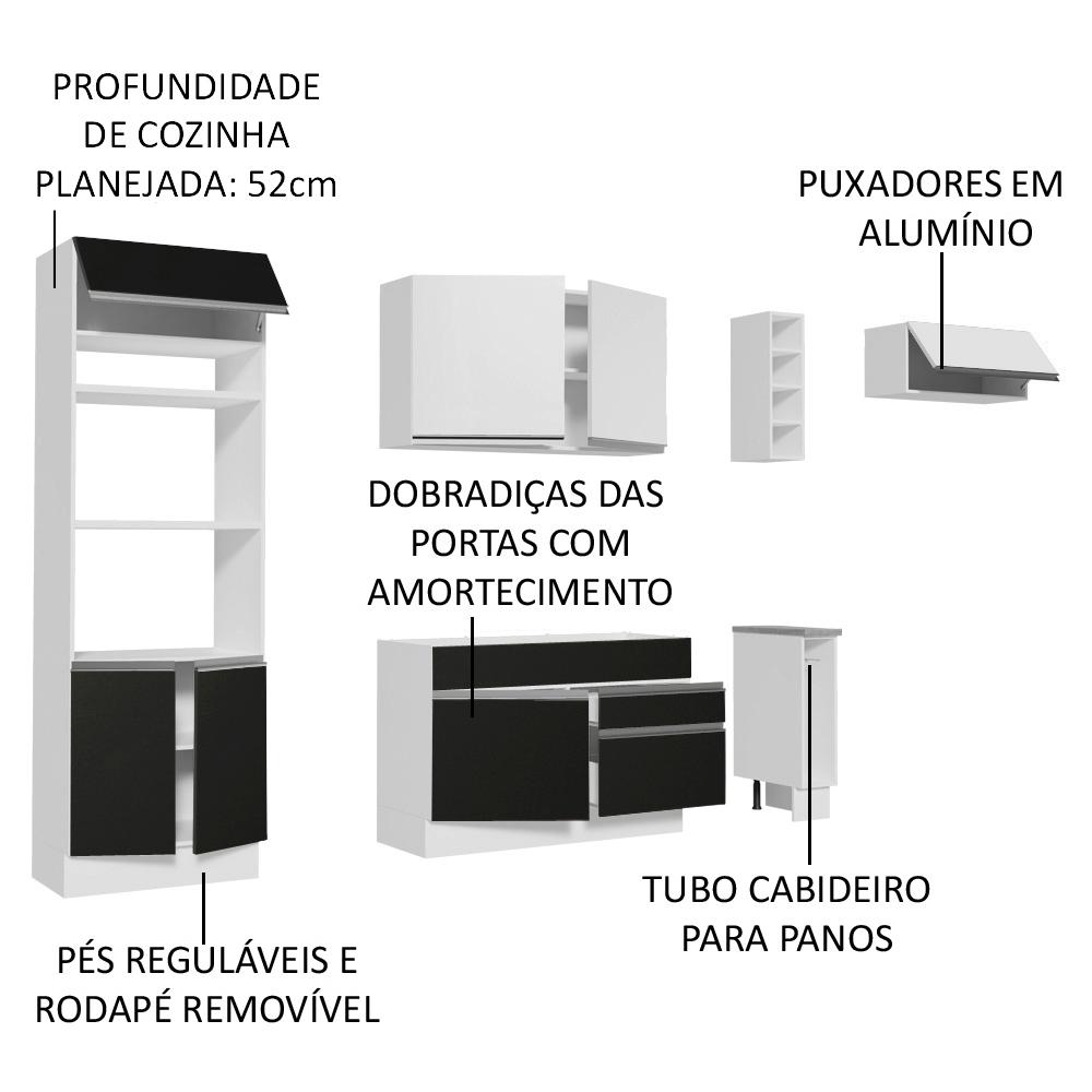 Cozinha Completa Madesa Safira com Armário e Balcão (Sem Tampo e Pia) - Branco/Preto/Branco