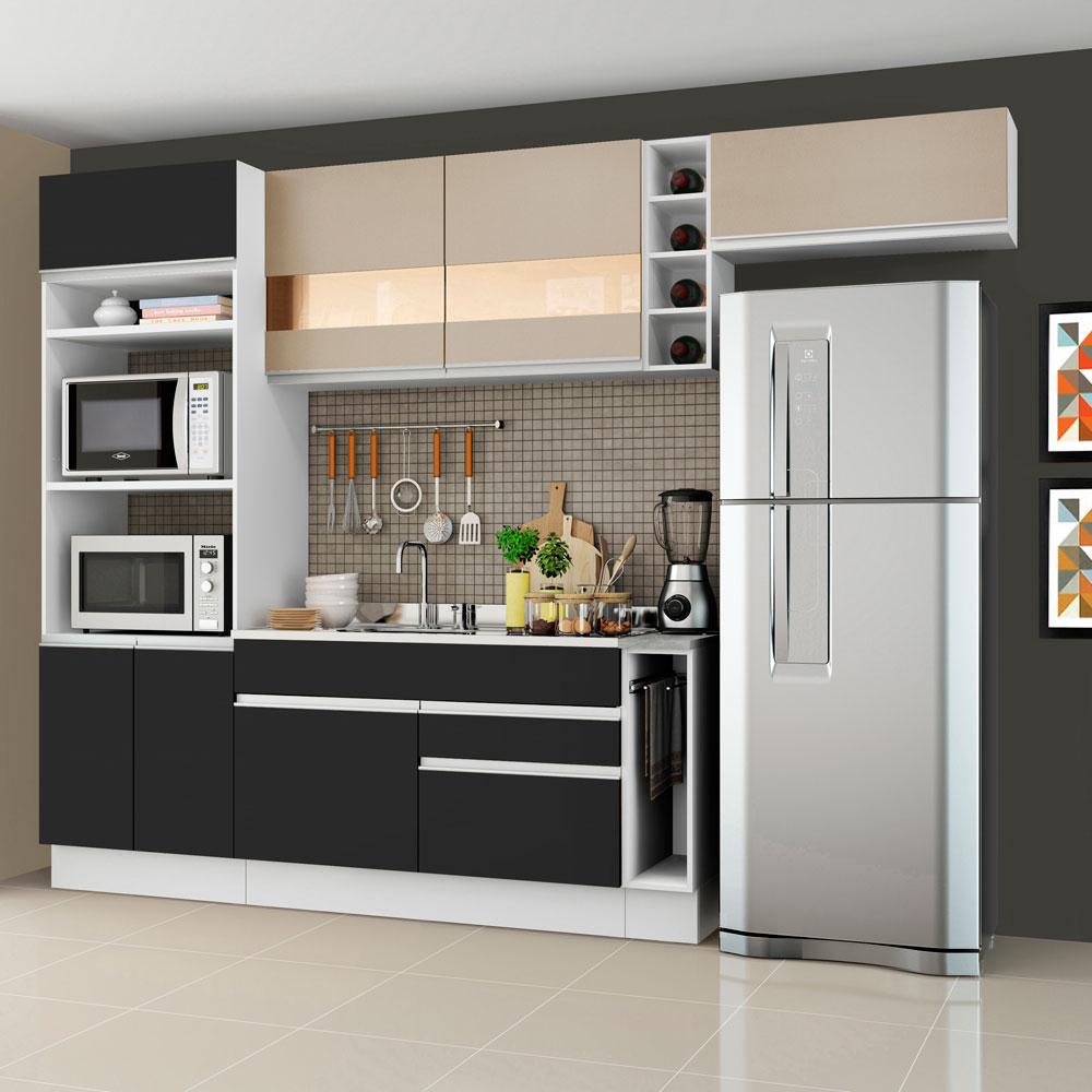 Cozinha Completa Madesa Safira com Armário e Balcão (Sem Tampo e Pia) - Branco/Preto/Crema