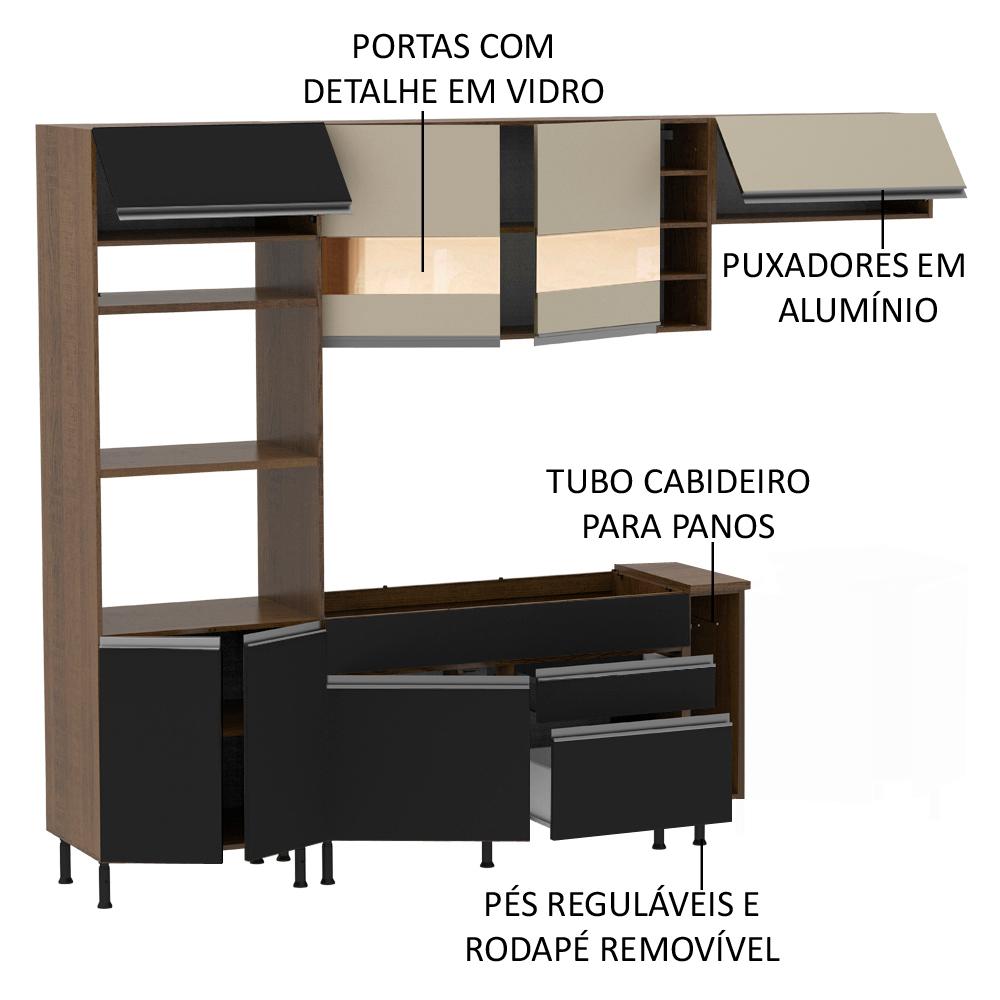 Cozinha Completa Madesa Safira com Armário e Balcão (Sem Tampo e Pia) - Rustic/Preto/Crema