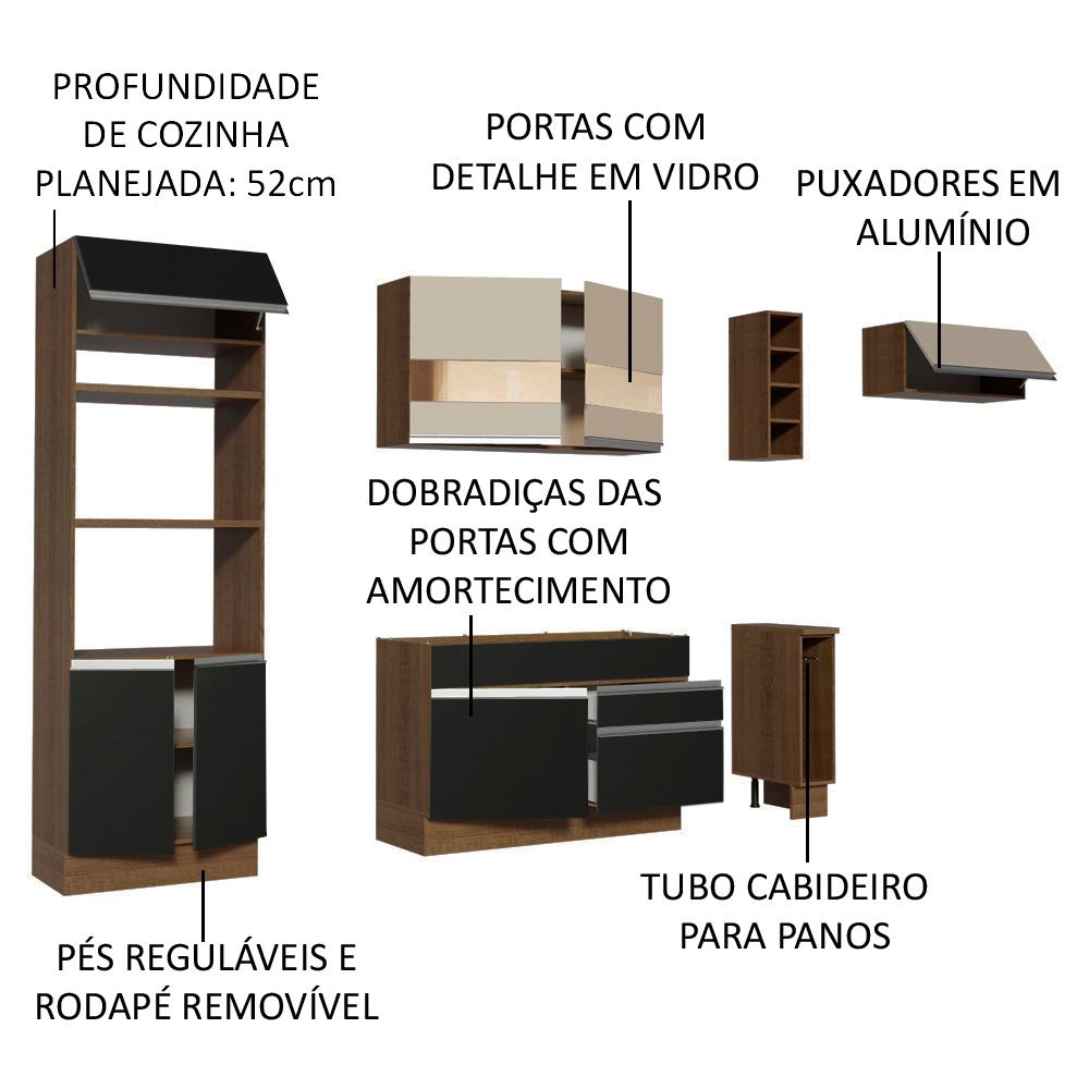 Cozinha Completa Madesa Safira com Armário e Balcão (Sem Tampo e Pia) - Rustic/Preto/Crema