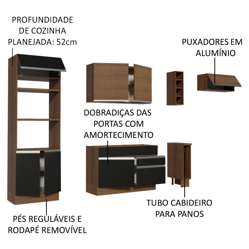 Cozinha Completa Madesa Safira com Armário e Balcão (Sem Tampo e Pia) - Rustic/Preto/Rustic