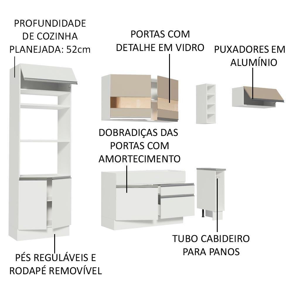 Cozinha Completa Madesa Safira com Armário e Balcão + Tampo - Branco/Branco/Crema