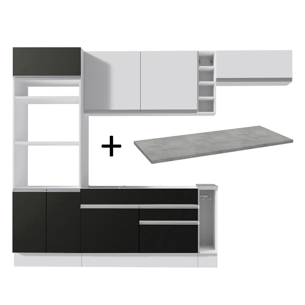 Cozinha Completa Madesa Safira com Armário e Balcão + Tampo - Branco/Preto/Branco