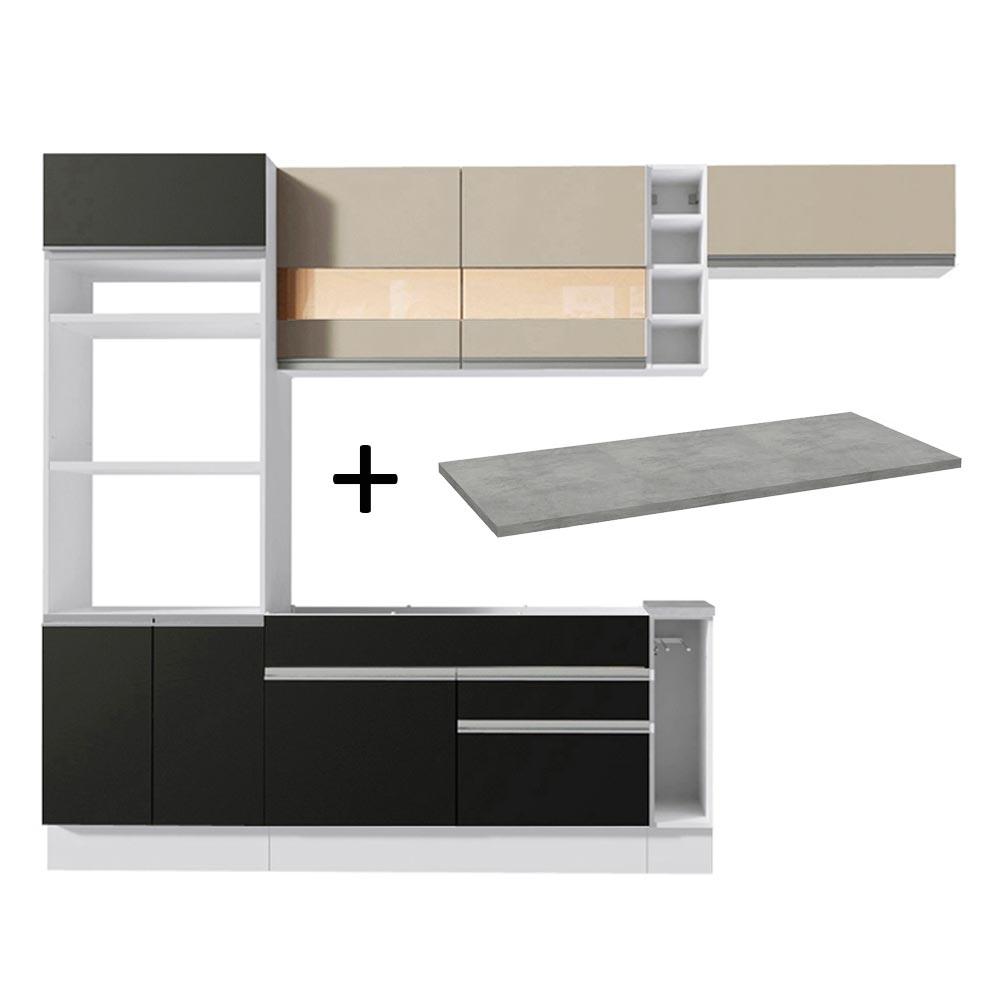 Cozinha Completa Madesa Safira com Armário e Balcão + Tampo - Branco/Preto/Crema