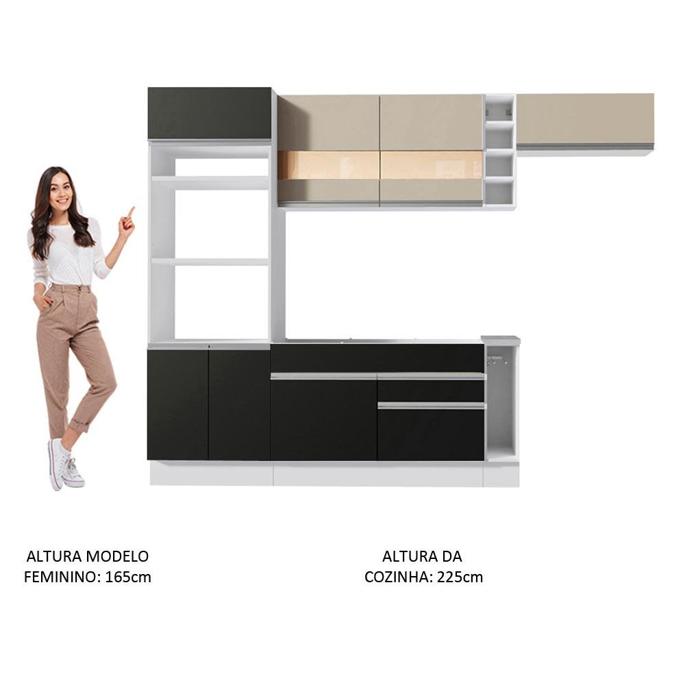 Cozinha Completa Madesa Safira com Armário e Balcão + Tampo - Branco/Preto/Crema