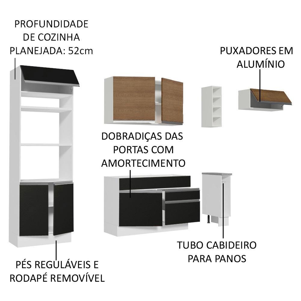 Cozinha Completa Madesa Safira com Armário e Balcão + Tampo - Branco/Preto/Rustic