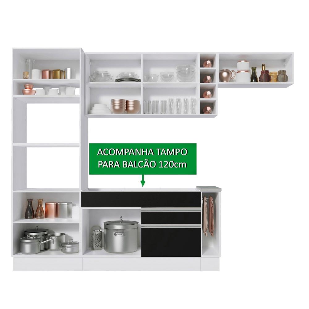 Cozinha Completa Madesa Safira com Armário e Balcão + Tampo - Branco/Preto/Rustic