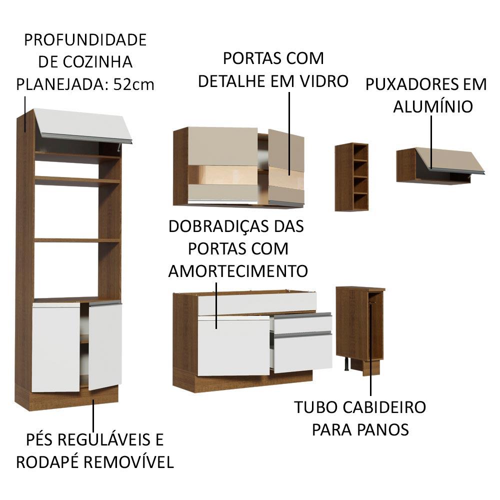 Cozinha Completa Madesa Safira com Armário e Balcão + Tampo - Rustic/Branco/Crema