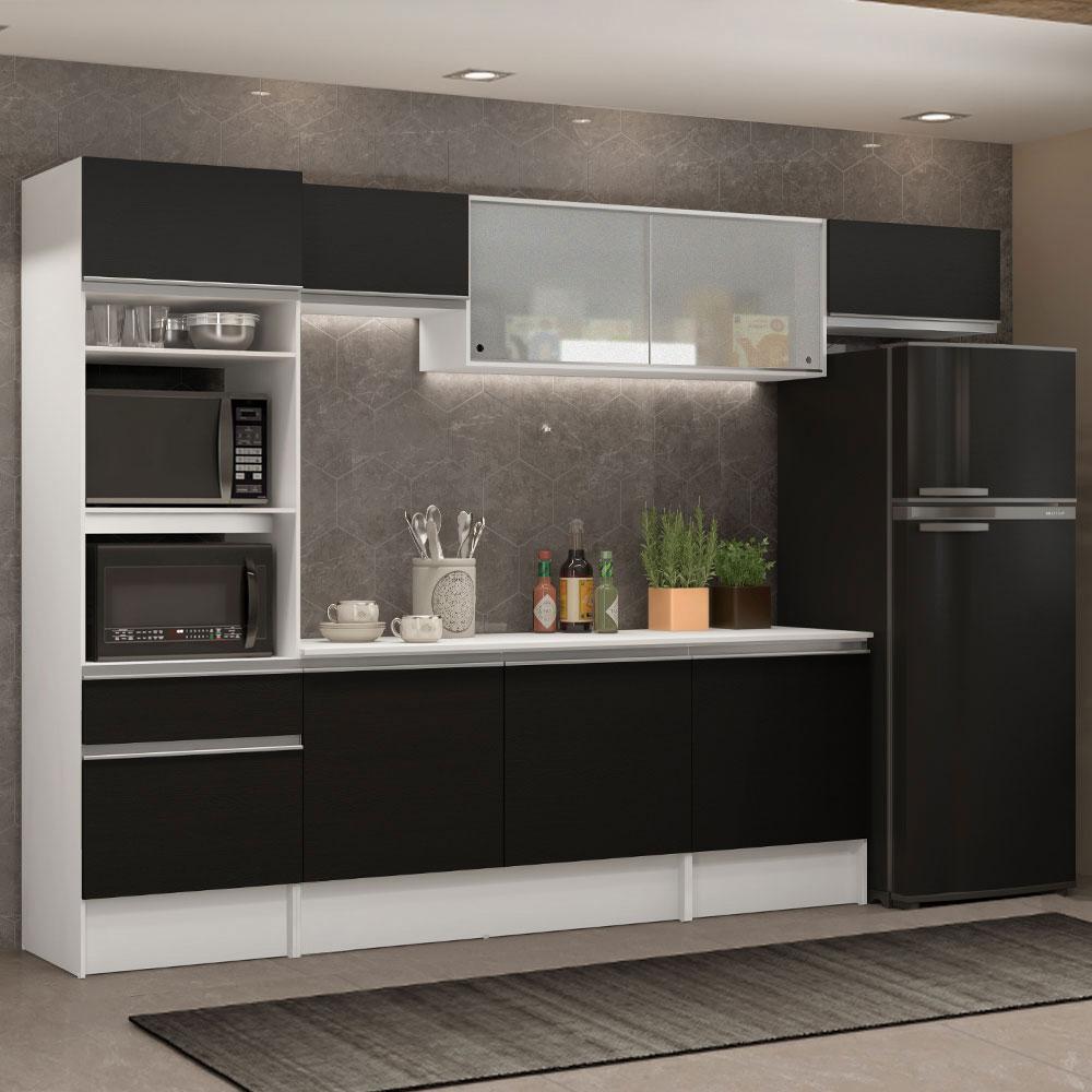 Cozinha Completa Madesa Topazio 300001 com Armário, Balcão e Tampo - Branco/Preto