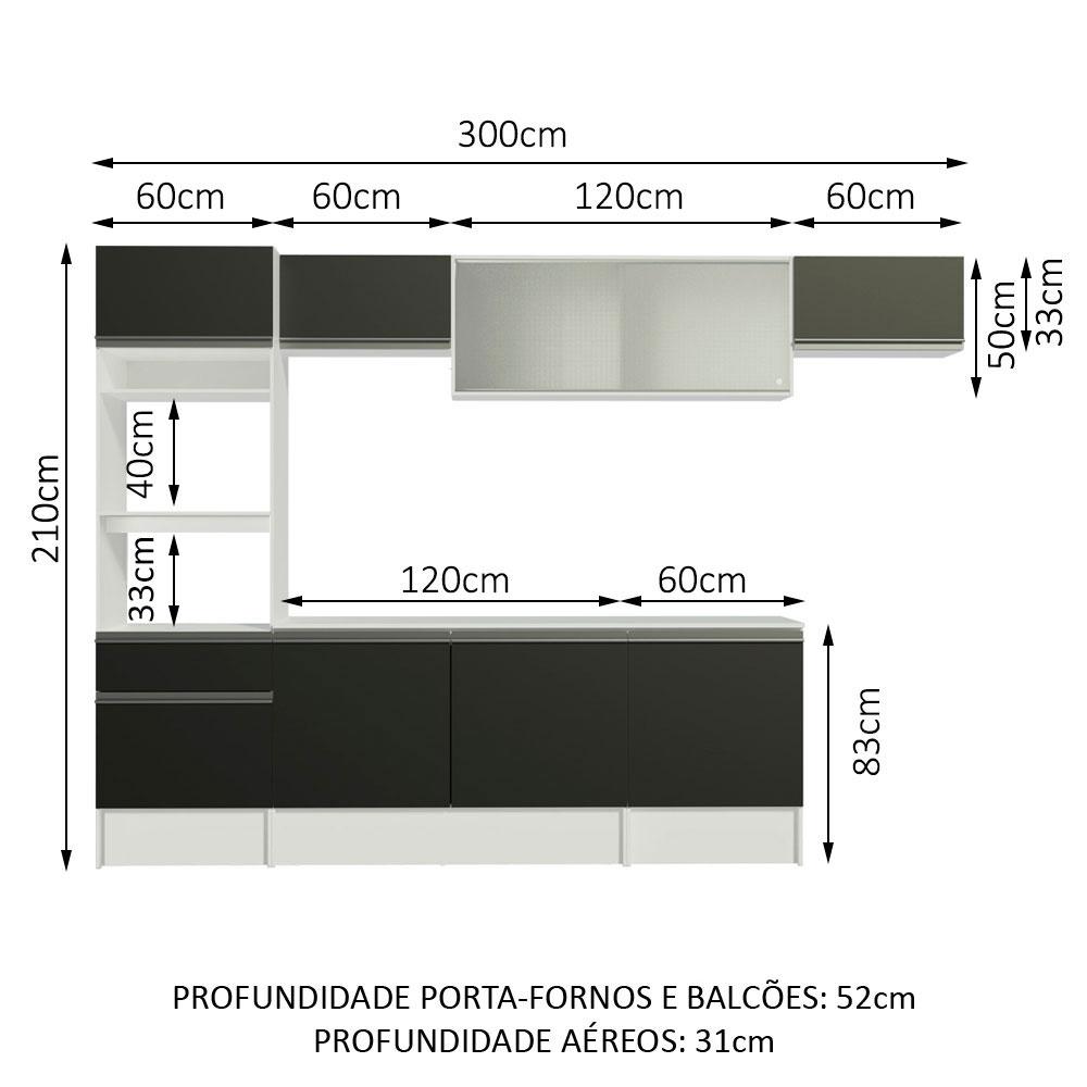 Cozinha Completa Madesa Topazio 300001 com Armário, Balcão e Tampo - Branco/Preto