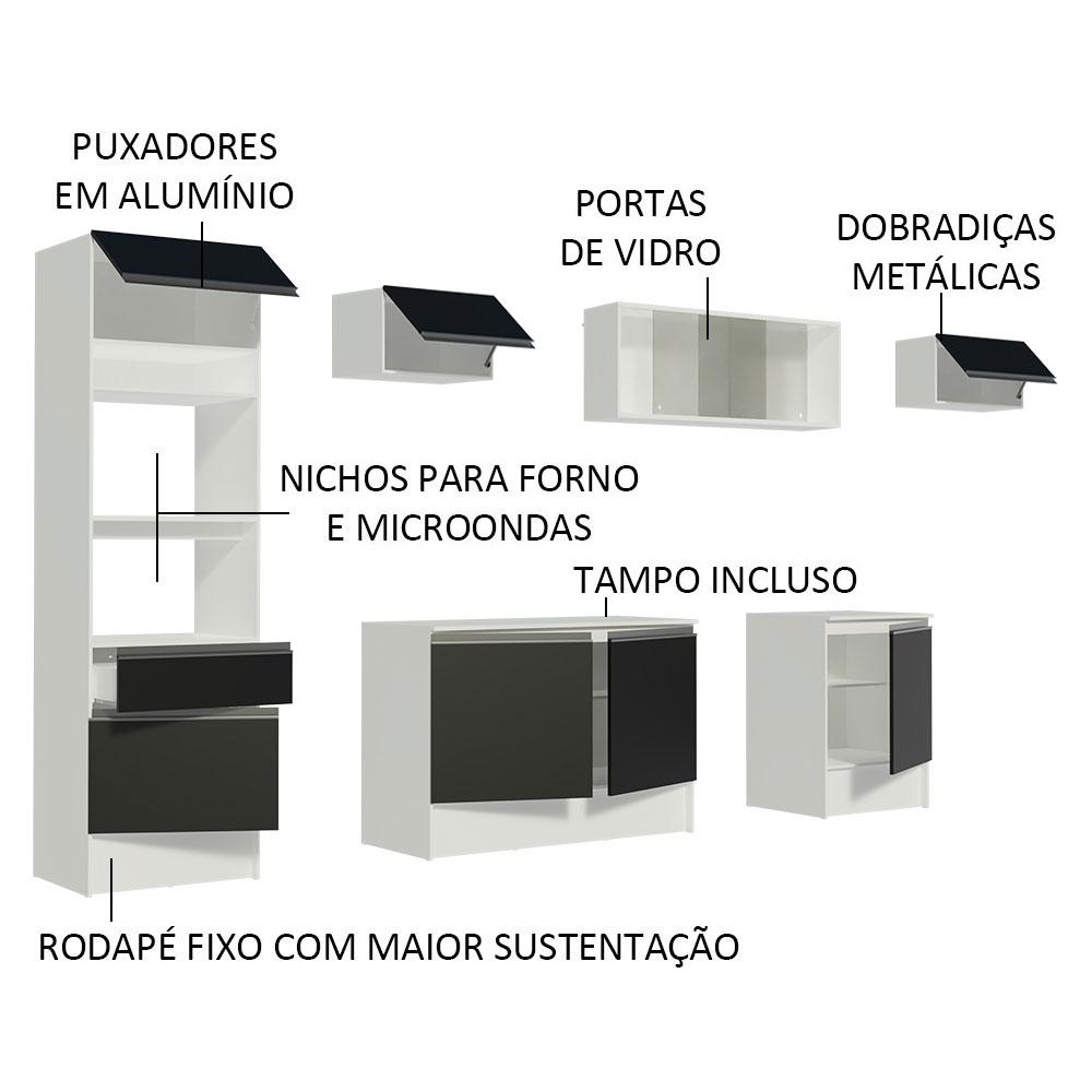 Cozinha Completa Madesa Topazio 300001 com Armário, Balcão e Tampo - Branco/Preto
