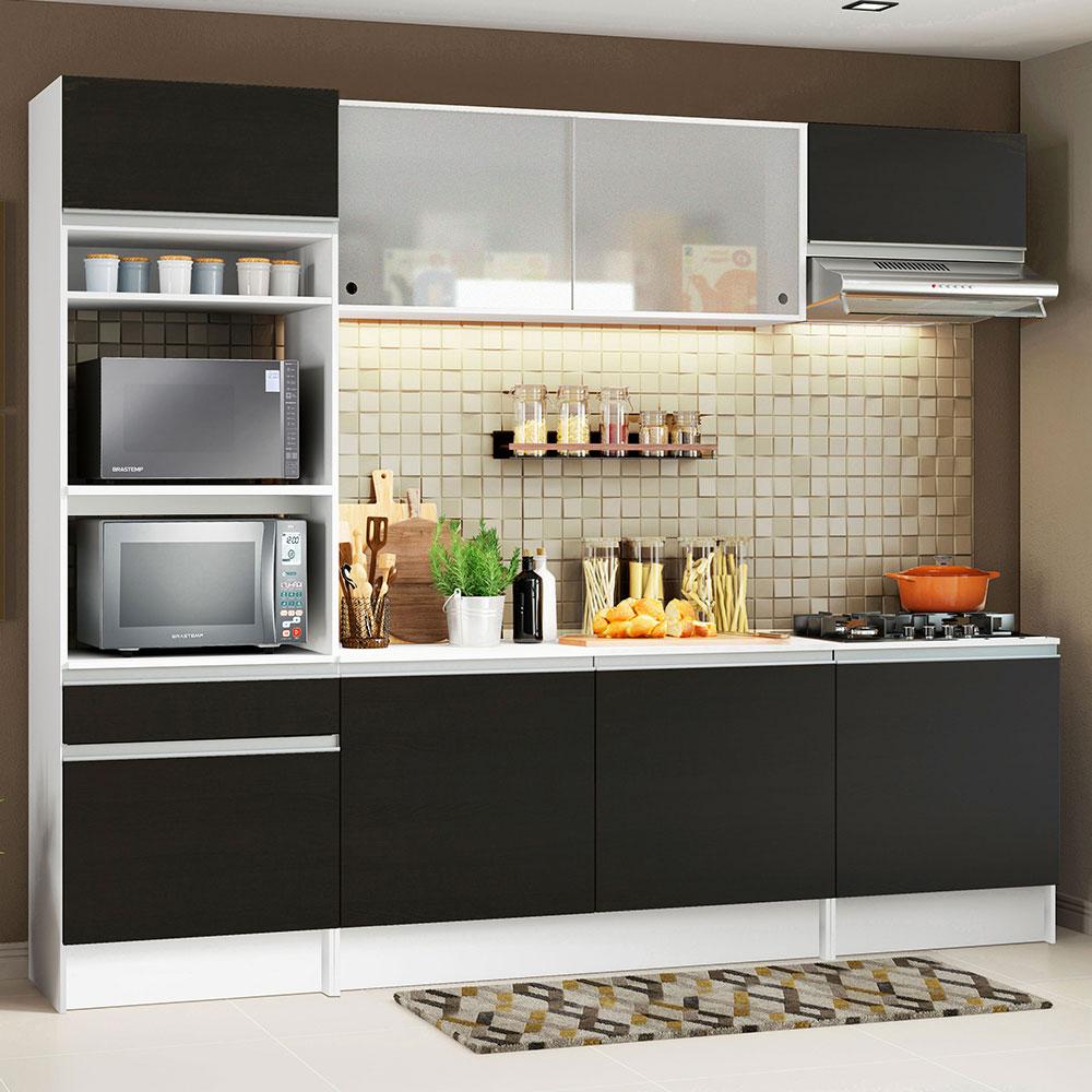 Cozinha Completa Madesa Topazio com Armário, Balcão e Tampo - Branco/Preto