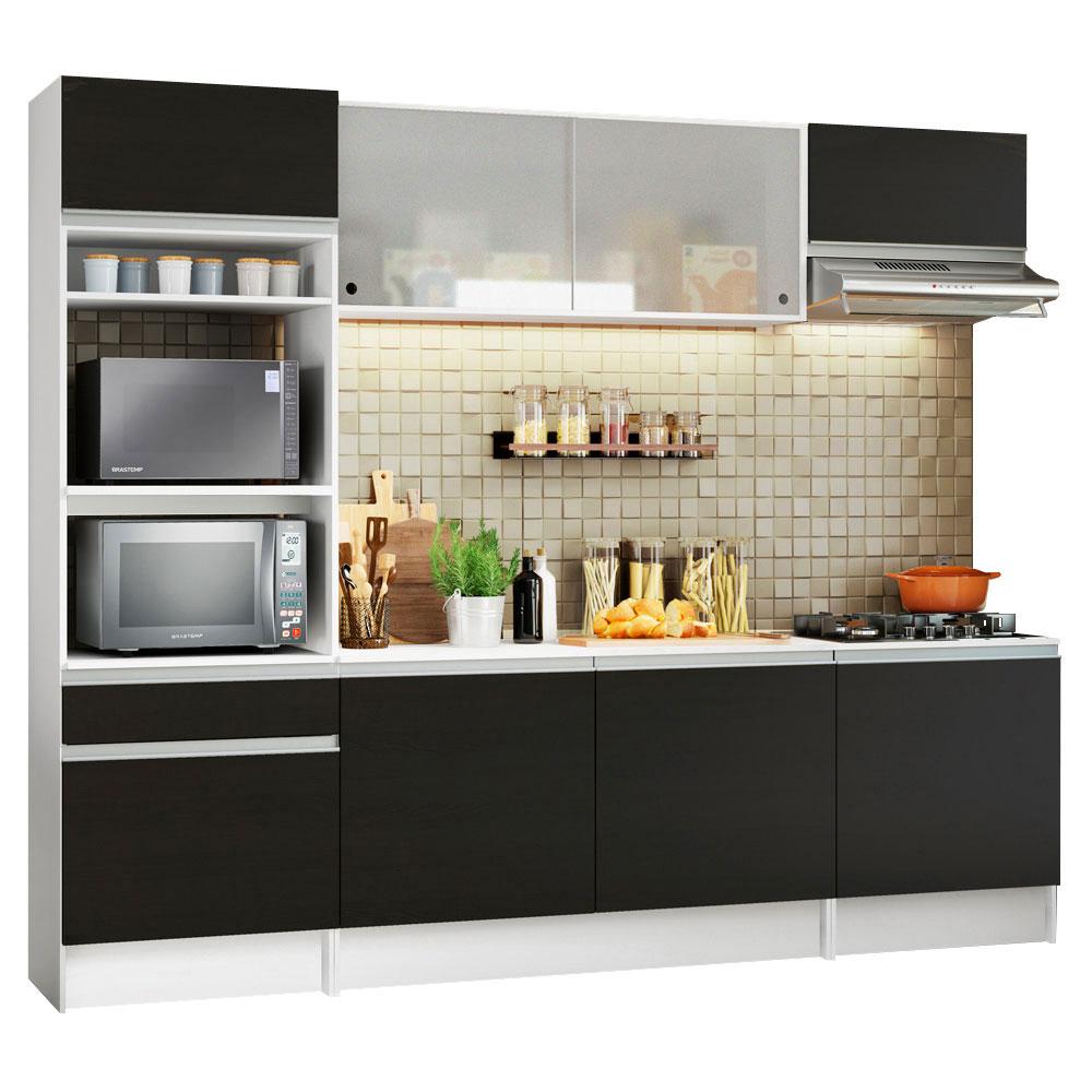 Cozinha Completa Madesa Topazio com Armário, Balcão e Tampo - Branco/Preto
