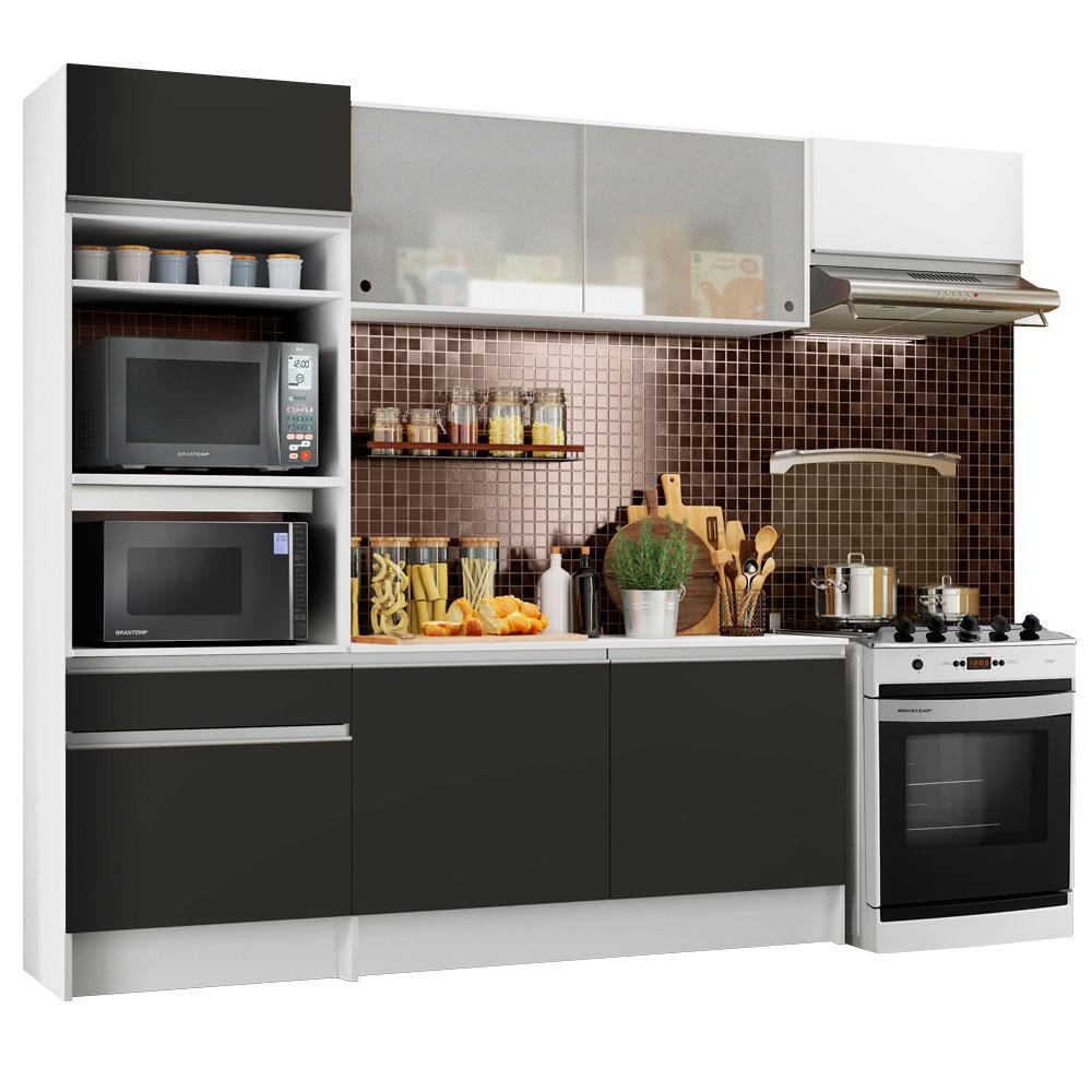 Cozinha Completa Madesa Topazio com Um Balcão, Armário e Tampo - Branco/Preto
