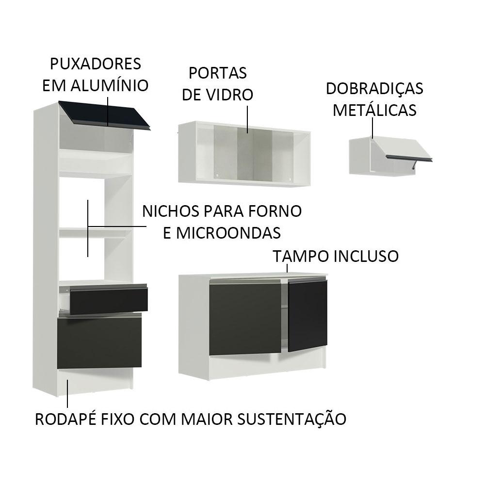 Cozinha Completa Madesa Topazio com Um Balcão, Armário e Tampo - Branco/Preto