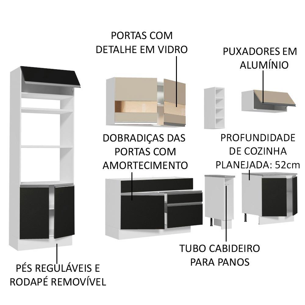 Cozinha Completa Madesa Vicenza com Armário e Balcão (Sem Tampo e Pia) - Branco/Preto/Crema