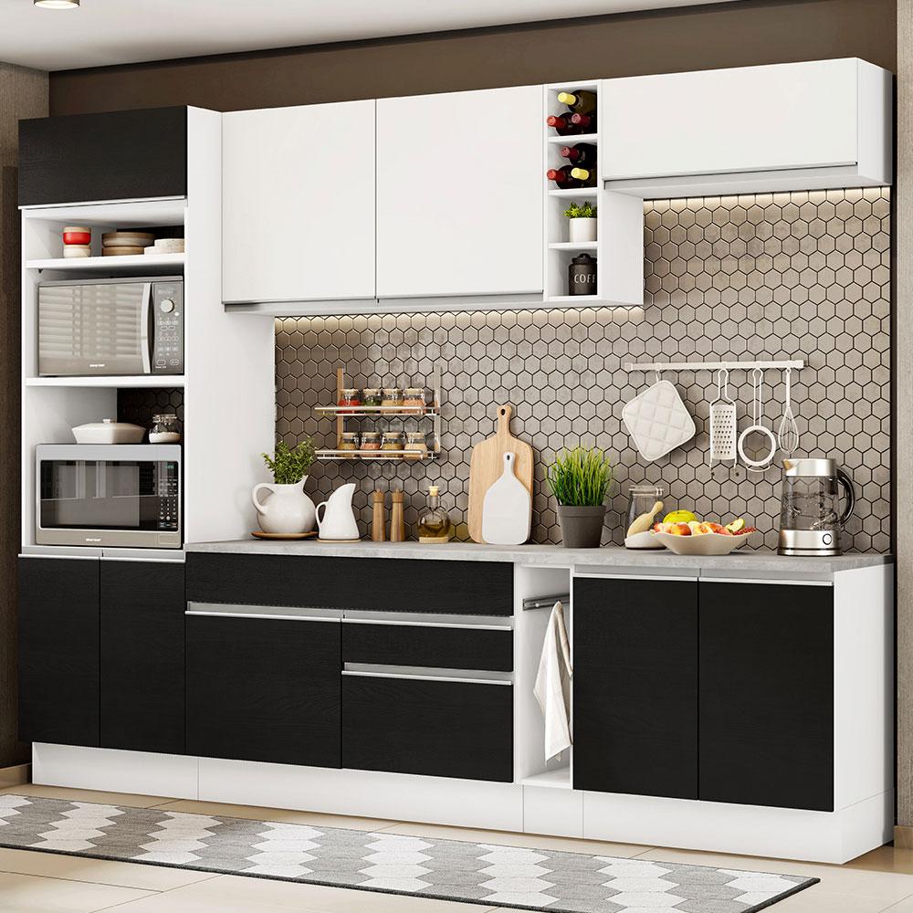 Cozinha Completa Madesa Vicenza com Armário e Balcão + Tampo - Branco/Preto/Branco
