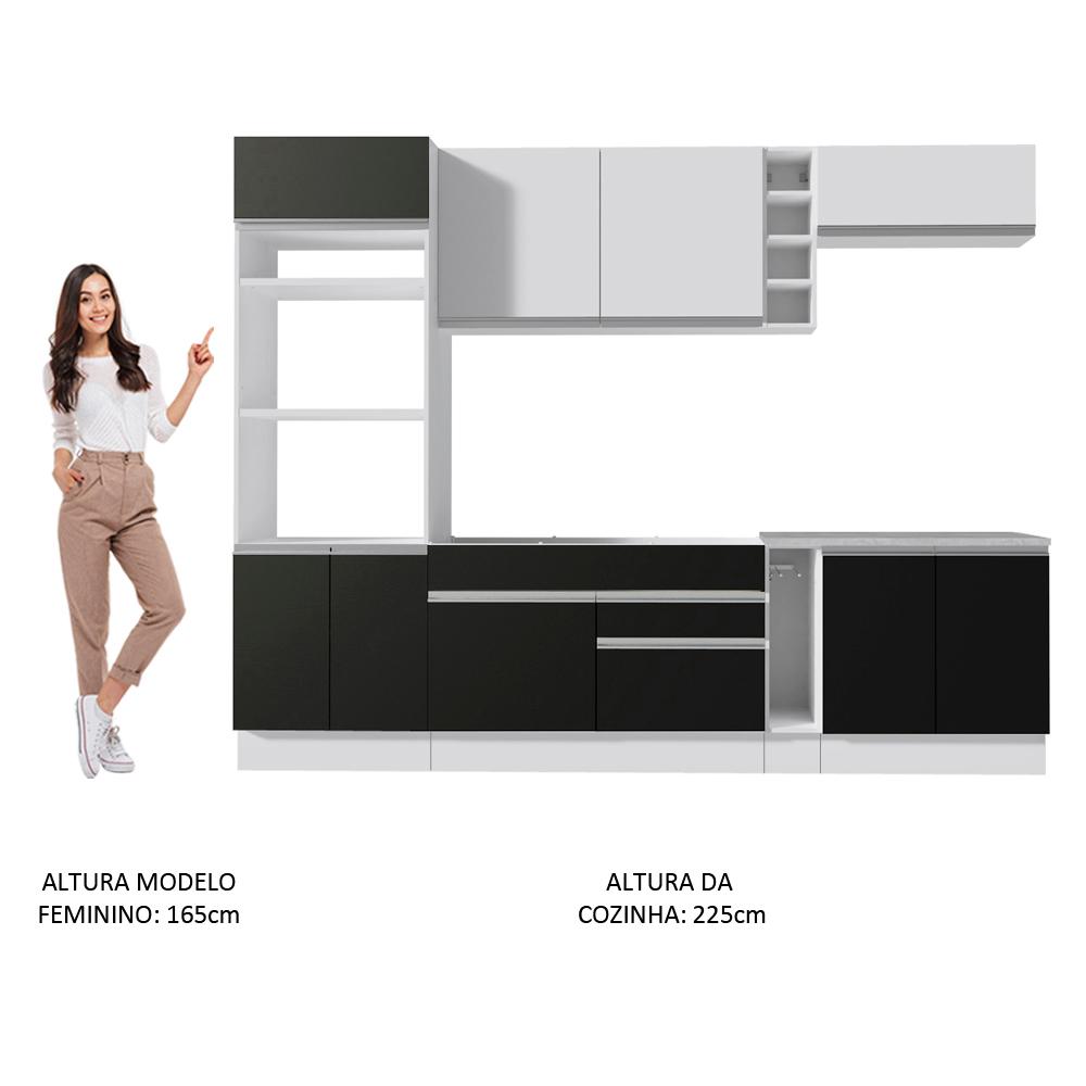 Cozinha Completa Madesa Vicenza com Armário e Balcão + Tampo - Branco/Preto/Branco