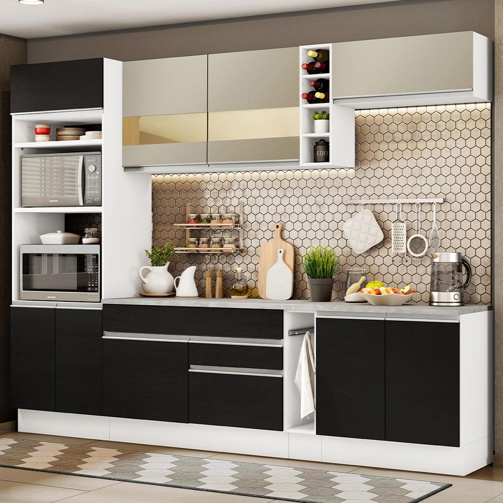 Cozinha Completa Madesa Vicenza com Armário e Balcão + Tampo - Branco/Preto/Crema