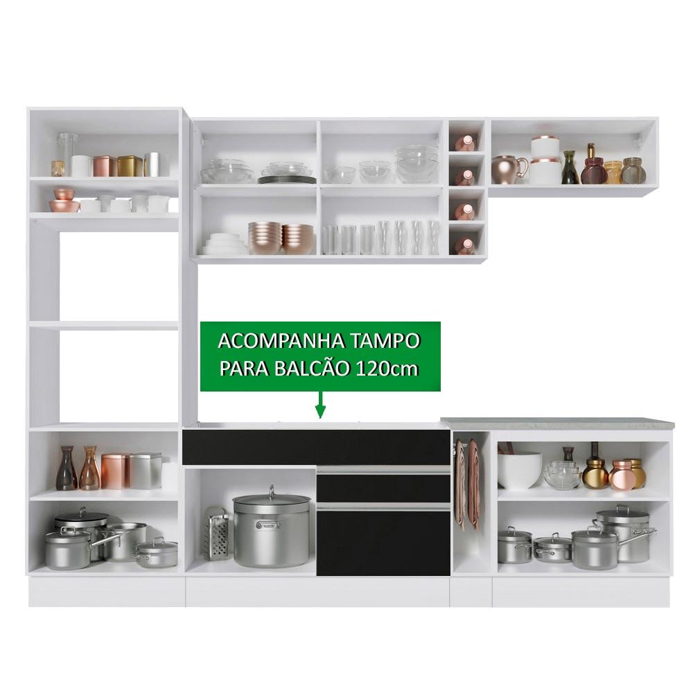 Cozinha Completa Madesa Vicenza com Armário e Balcão + Tampo - Branco/Preto/Crema