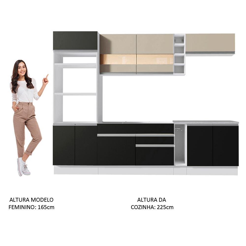 Cozinha Completa Madesa Vicenza com Armário e Balcão + Tampo - Branco/Preto/Crema