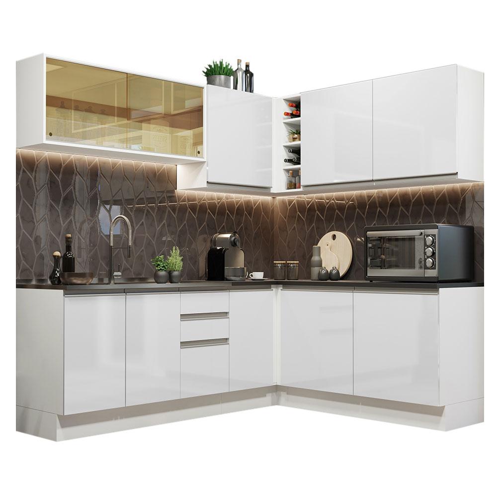 Cozinha Completa de Canto 100% MDF Madesa Acordes 389002 Armário e Balcão - Frentes Branco Brilho