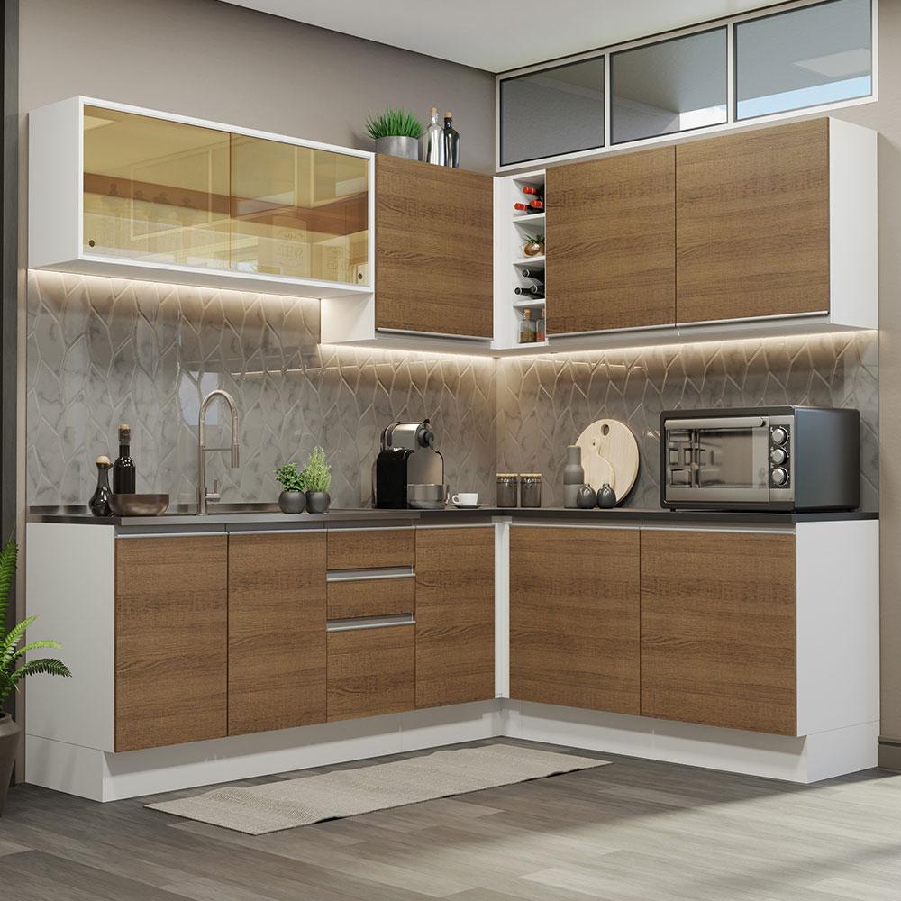 Cozinha Completa de Canto 100% MDF Madesa Acordes 389002 com Armário e Balcão - Branco/Rustic