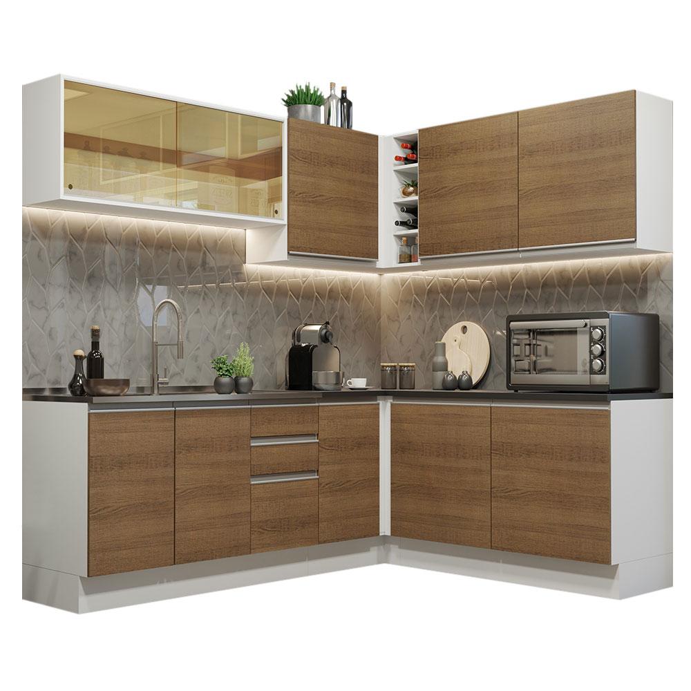 Cozinha Completa de Canto 100% MDF Madesa Acordes 389002 com Armário e Balcão - Branco/Rustic